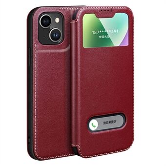 Anti-Fall Phone Case voor iPhone 14 Plus Folio Flip Beschermhoes Echt rundleer Telefoon Stand Case met Dual Window View