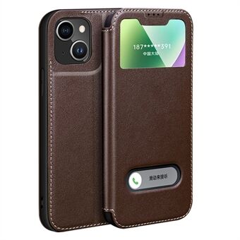 Anti-Fall Phone Case voor iPhone 14 Plus Folio Flip Beschermhoes Echt rundleer Telefoon Stand Case met Dual Window View
