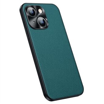 Koeienhuid lederen schokbestendige hoes voor iPhone 14 Plus anti-val telefoonhoes Litchi textuur TPU achterkant met metalen cameraframe