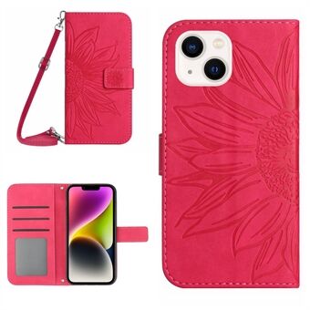 Voor iPhone 14 Plus HT04 Skin-touch PU Leather Stand Case Bedrukt Zonnebloem Volledige Bescherming Telefoon Portemonnee Cover met Schouderriem