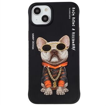 NIMMY Bril Huisdier Serie voor iPhone 14 Plus Borduurwerk Huisdier Patroon Telefoonhoesje PU Leer + PC + TPU Beschermhoes