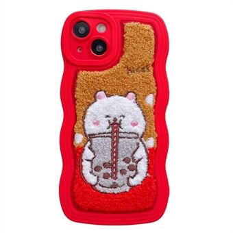 Voor iPhone 14 Plus Milk Tea Animal Pattern Embroidery Phone Case Fluffy Plush Shockproof TPU + PC Hybrid Cover