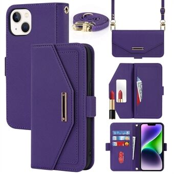 Mobiele telefoonhoes met magnetische sluiting voor iPhone 14 Plus, Cross-textuur PU-leer Anti-drop Flip Wallet Case Stand met make-upspiegel aan de binnenkant en schouderriem