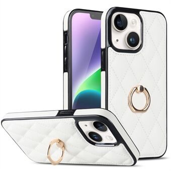 Voor iPhone 14 Plus Ring Houder Kickstand PU Leer + TPU Telefoon Case Rhombus Rasterpatroon Bedrukt Antislip beschermhoes