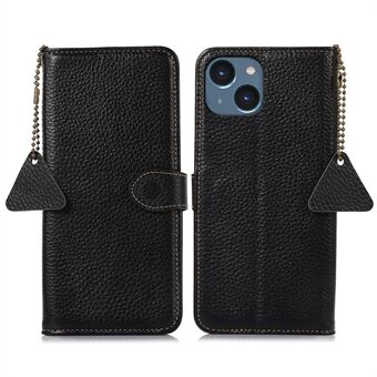 Voor iPhone 14 Plus RFID-blokkerende telefoonhoes Echt rundleer Flip Stand Wallet Cover