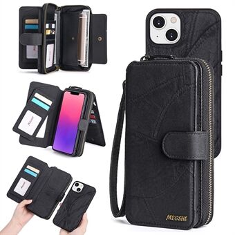 MEGSHI 004-serie afneembare portemonnee-hoes met rits voor iPhone 14 Plus Stand lederen telefoonhoes met spiegel