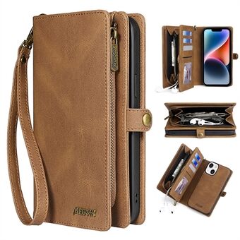 MEGSHI 017 Serie Voor iPhone 14 Plus Magnetische Absorptie Wallet Cover met Ritssluiting Anti-val Afneembare Lederen Case met Handige Riem