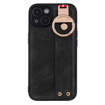 Voor iPhone 14 Plus Back Cover Polsband Standaard PU-leer gecoat PC + TPU-telefoonhoes met nekriem