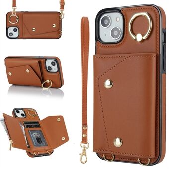 Ring Kickstand Case voor iPhone 14 Plus Portemonnee met ritssluiting PU-leer gecoate TPU mobiele telefoonhoes