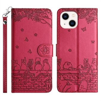 Bedrukt Wall Cats Stand voor iPhone 14 Plus , PU lederen portemonnee telefoonhoes met riem