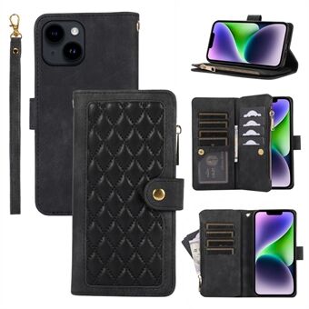 Voor iPhone 14 Plus Meerdere kaartsleuven Telefoon lederen hoes Rhombus Stand Cover met ritsvak