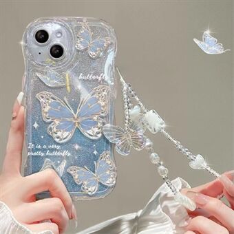 Voor iPhone 14 Plus Wave Frame Shape TPU Telefoonhoes Vlinderpatroon Gradiënt Bling Glitter Cover met ketting