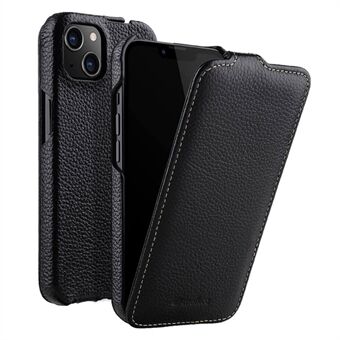 MELKCO Voor iPhone 14 Plus Litchi Textuur Verticale Flip Cover Echt Koe Leer + PC Telefoonhoesje