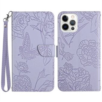 Vlinderbloemen bedrukt lederen hoesje voor iPhone 14 Pro Max 6,7 inch, Stand portemonnee Anti-drop bescherming telefoonhoes met handige riem