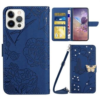 Voor iPhone 14 Pro Max 6.7 inch Vlinder Bloemen Bedrukt Strass Decor Telefoon Cover Portemonnee Handsfree Stand Lederen Case met Schouderriem