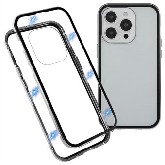 Voor iPhone 14 Pro Max Full Body Schokbestendig Veiligheidsgesp Telefoonhoes Rechte Edge Dubbele zijden Helder gehard glas Magnetische adsorptie Metalen frame Cover