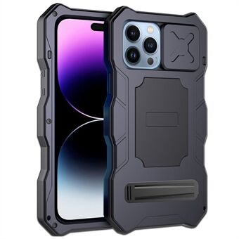 Voor iPhone 14 Pro Max metalen frame + siliconen stevige telefoonbeschermer Kickstand Slide Camera Lens Cover Full Body beschermende schaal met gehard glasfilm