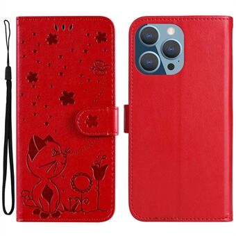 KT Imprinting Flower Series-4 telefoonhoes voor iPhone 14 Pro Max 6,7 inch bedrukt kat- en bijenpatroon PU-leer valbestendig Stand met riem