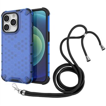 Voor iPhone 14 Pro Max 6.7 inch Honingraat Geweven Vingerafdrukbestendig Case Hard PC Soft TPU Scratch Telefoon Cover met Lanyard