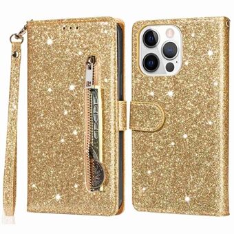 Voor iPhone 14 Pro Max 6.7 inch Glitter Pailletten PU Leer + TPU Volledige Bescherming Stand Portemonnee Hoesje met Ritsvak en Handriem