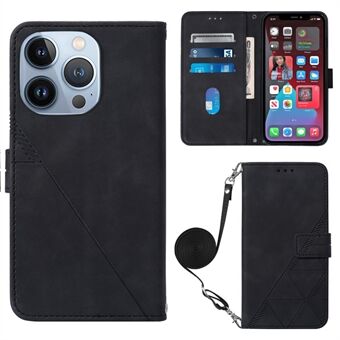 Voor iPhone 14 Pro Max 6.7 inch YB Imprinting Series-2 Zakelijke Stijl Bedrukte Lijnen Lederen Stand Portemonnee Telefoon Case met Schouderriem