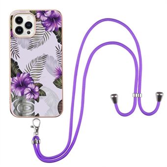 Voor iPhone 14 Pro Max 6.7 inch YB IMD Serie-4 IMD IML Marmeren Bloemenpatroon Anti-drop TPU Telefoon Case Galvaniseren Frame Cover met Lanyard