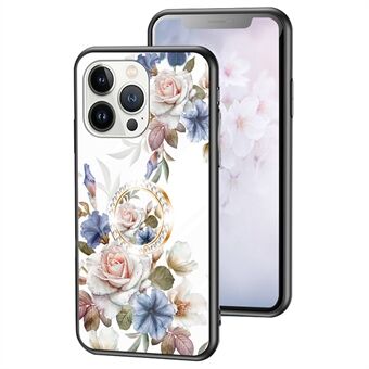 Voor iPhone 14 Pro Max 6.7 inch Bloemenpatroon Afdrukken Telefoon Case TPU + PC + Gehard Glas Cover met Ring Kickstand