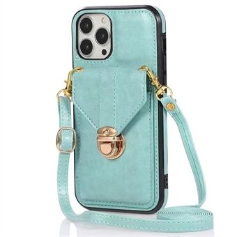 Voor iPhone 14 Pro Max 6.7 inch Anti-val Anti- Scratch Portemonnee Ontwerp Leer Gecoat TPU Telefoonhoesje Shell met Lanyard