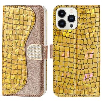 Voor iPhone 14 Pro Max 6.7 inch Sparkly Glitter Splicing Drop-proof Cover Krokodil Textuur Stand Functie PU Lederen Portemonnee Shell