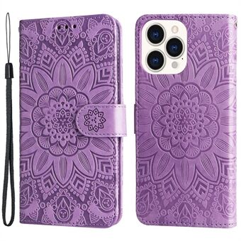 Voor iPhone 14 Pro Max 6.7 inch PU Leer Zonnebloem Opdruk Beschermhoes Flip Stand Portemonnee Mobiele Telefoon Cover met Riem: