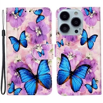 Voor iPhone 14 Pro Max 6.7 inch PU Leer Patroon Reliëf Case Portemonnee Opvouwbare Stand Folio Flip Telefoon Cover met draagriem