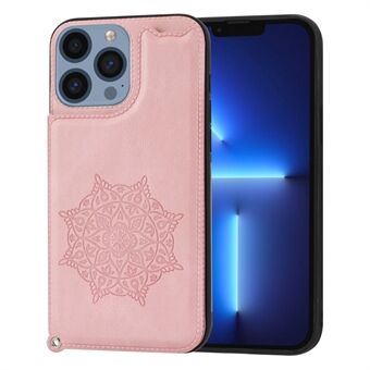 Voor iPhone 14 Pro Max 6.7 inch Mandala Bloem Opdruk Leer Gecoat TPU Beschermhoes Card Slot Kickstand Shockproof Cover met Riem