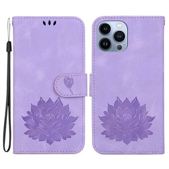 Voor iPhone 14 Pro Max hoesje met handriem, PU-leren portemonneehoesje met lotusopdruk.