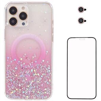 WANLONFENG JWT-serie voor iPhone 14 Pro Max Glitter Sequin TPU+ Acryl Magnetische Telefoonhoes met Schermfilm + Lensfilm