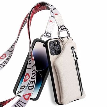 Voor iPhone 14 Pro Max ritsvak beschermhoes met lanyard afneembare portemonnee PU-leer gecoate TPU-telefoonhoes