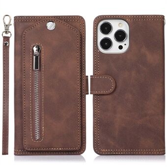 Voor iPhone 14 Pro Max PU-leer Roterende make-upspiegel Ritsvak Wallet Case Full Body Beschermende Stand Cover met riem