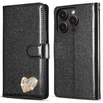 Voor iPhone 14 Pro Max Glitter Lederen Hoesje met Diamant Liefde Hart Portemonnee Standaard Flip Cover