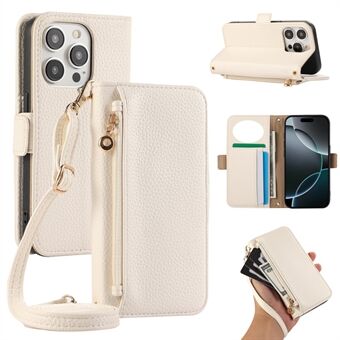 Voor iPhone 14 Pro Max Portemonnee Telefoonhoesje Schokbestendige TPU+PU Leren Flip Cover met Spiegel, Strap