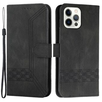 Rhombus Serie voor iPhone 14 Pro Max PU Lederen Portemonnee Telefoon Cover Bedrukt Ruit en Lijnen Stand Folio Flip Case met Riem