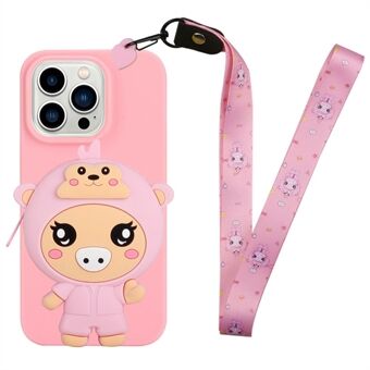 Voor iPhone 14 Pro Max TPU telefoonhoes cartoon ontwerp schokbestendige hoes siliconen portemonnee met rits en lanyard