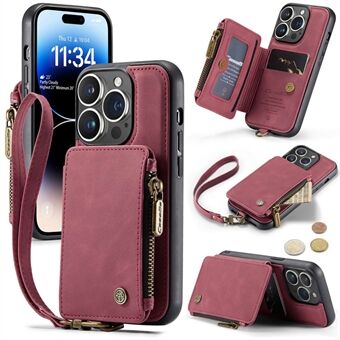 CASEME C20-serie voor iPhone 14 Pro Max PU-lederen portemonnee Telefoonhoes Ritsvak Kaarthouder Kickstand Cover met riem