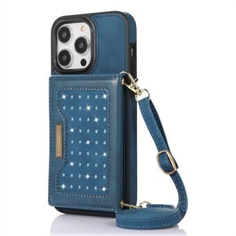 Voor iPhone 14 Pro Max Strass Decor Portemonnee Leer Gecoat TPU Case RFID Blocking Kickstand Anti Scratch Telefoon Cover met Schouderriem
