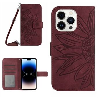 Voor iPhone 14 Pro Max HT04 Schokbestendig Telefoonhoesje Bedrukte Zonnebloem Skin-touch PU Lederen Stand Portemonnee Cover Beschermer met Schouderriem