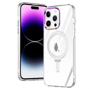 Voor iPhone 14 Pro Max Galvaniseren Ontwerp PC + TPU Shockproof Telefoon Cover Kickstand Verhoogde Camera Bezel Clear Magnetische Telefoon Case