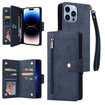 Voor iPhone 14 Pro Max Klinknagel Decor PU lederen hoes Stand Portemonnee Meerdere kaartsleuven Ritsvak Telefoonhoes met riem