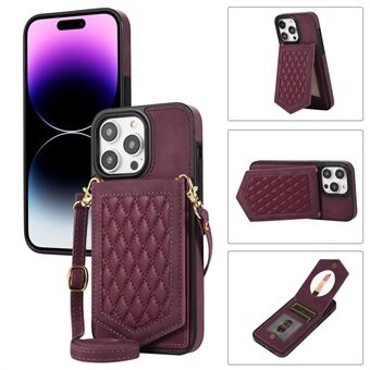 Voor iPhone 14 Pro Max bedrukte Rhombus PU-leer gecoat TPU-telefoonhoesje RFID-blokkeerbescherming Kaarthouder Kickstand Cover met make-upspiegel en schouderriem