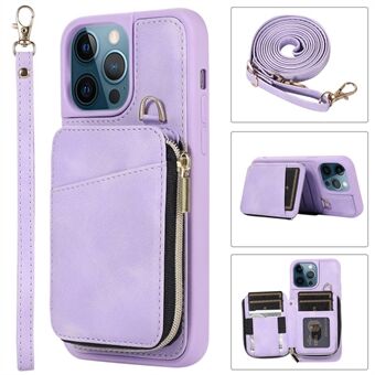 Voor iPhone 14 Pro Max Card Bag Design Kickstand Cover Anti-val PU-leer gecoat TPU-telefoonhoesje met hand- en schouderriem