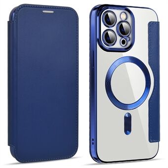 Telefoonhoesje voor iPhone 14 Pro Max, Compatibel met MagSafe RFID-Blokkerende Kaartsleuven PU Leer+TPU Elektroplateren Transparante Achterkant Flip Case met Lensfilm