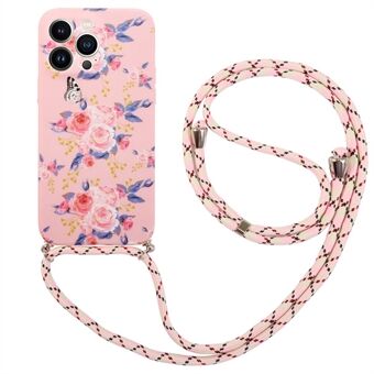 Voor iPhone 14 Pro Max IMD bloemenpatroon bedrukt TPU-hoesje Anti Scratch telefoonhoes met lanyard