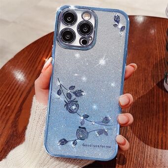 Voor iPhone 14 Pro Max Gradient Glitter Powder Soft TPU Shockproof Cover Rhinestone Decor Flower Pattern Anti-drop Case